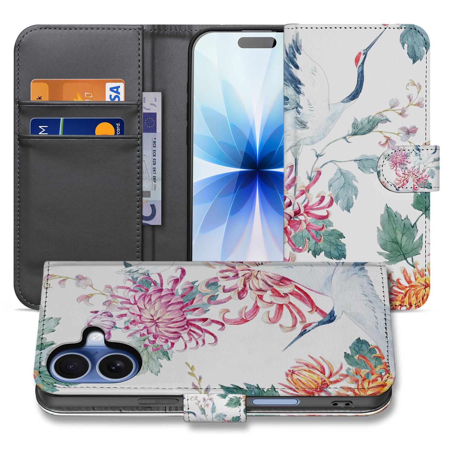 Apple iPhone 17 Bookcase Hoesje Met Pasjes Bird Flowers Print bookcase bloemen design voorkant