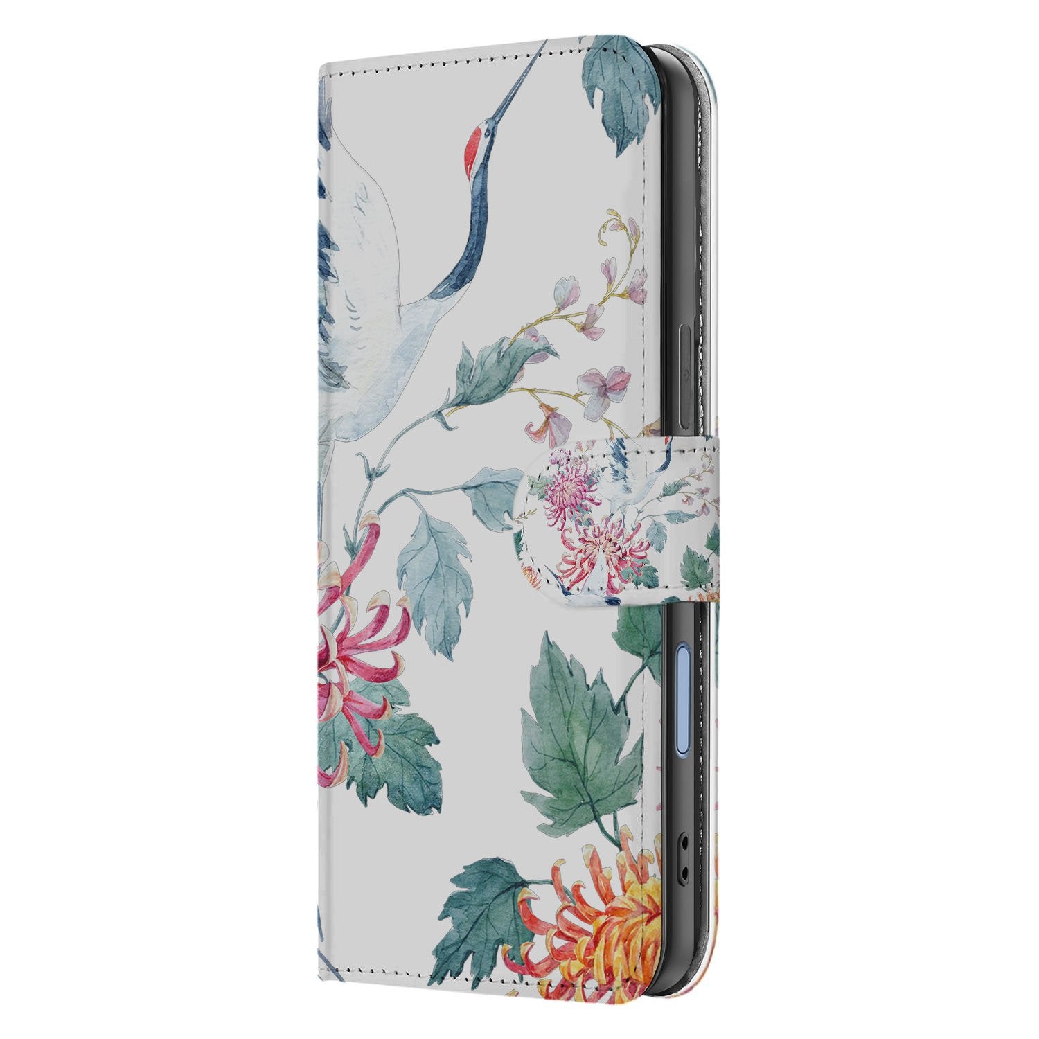 Apple iPhone 17 Bookcase Hoesje Met Pasjes Bird Flowers Print boekcase design bloemen zijaanzicht