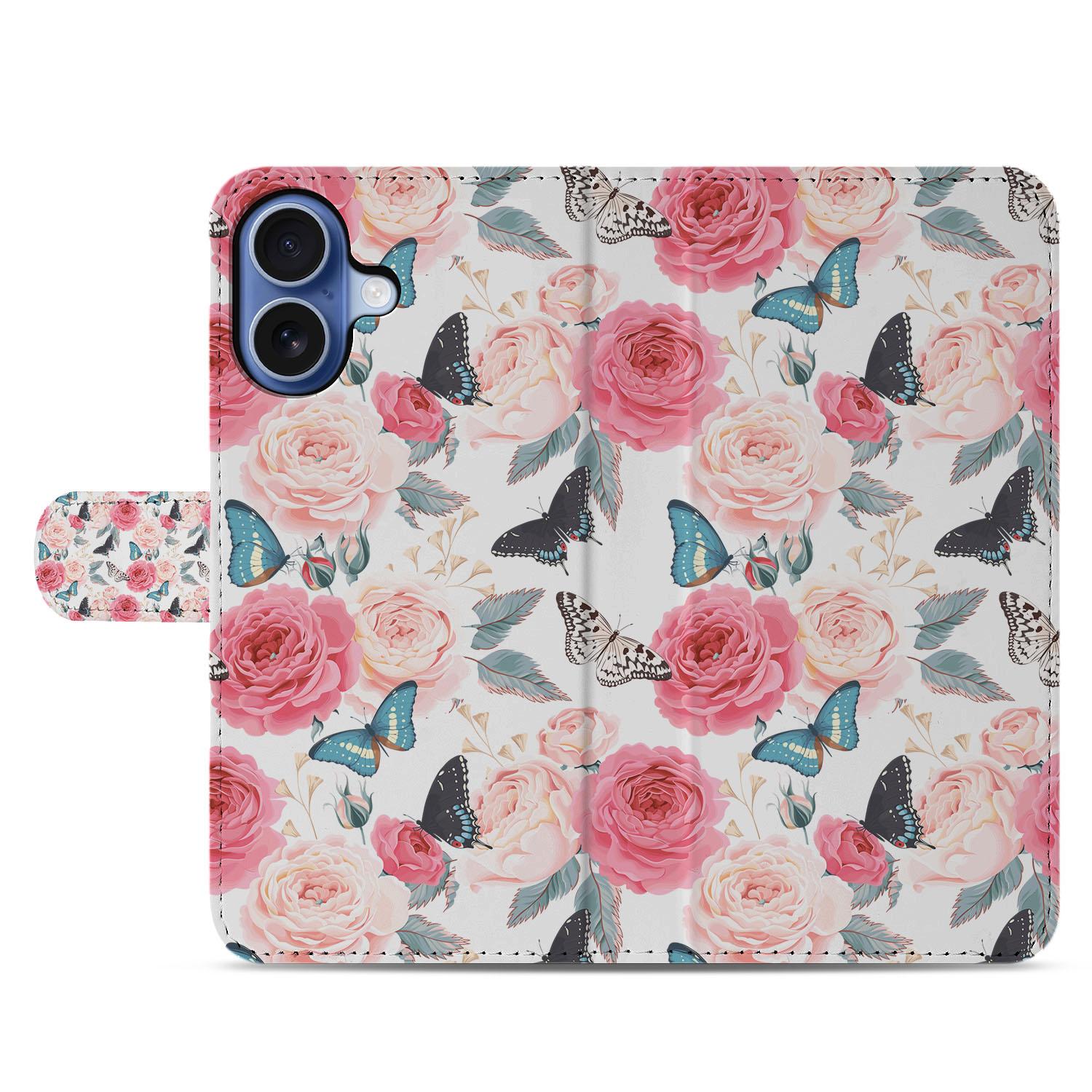 Apple iPhone 17 Bookcase Hoesje Roze Butterfly Roses Met Pasjes bookcase bloemen vlinders