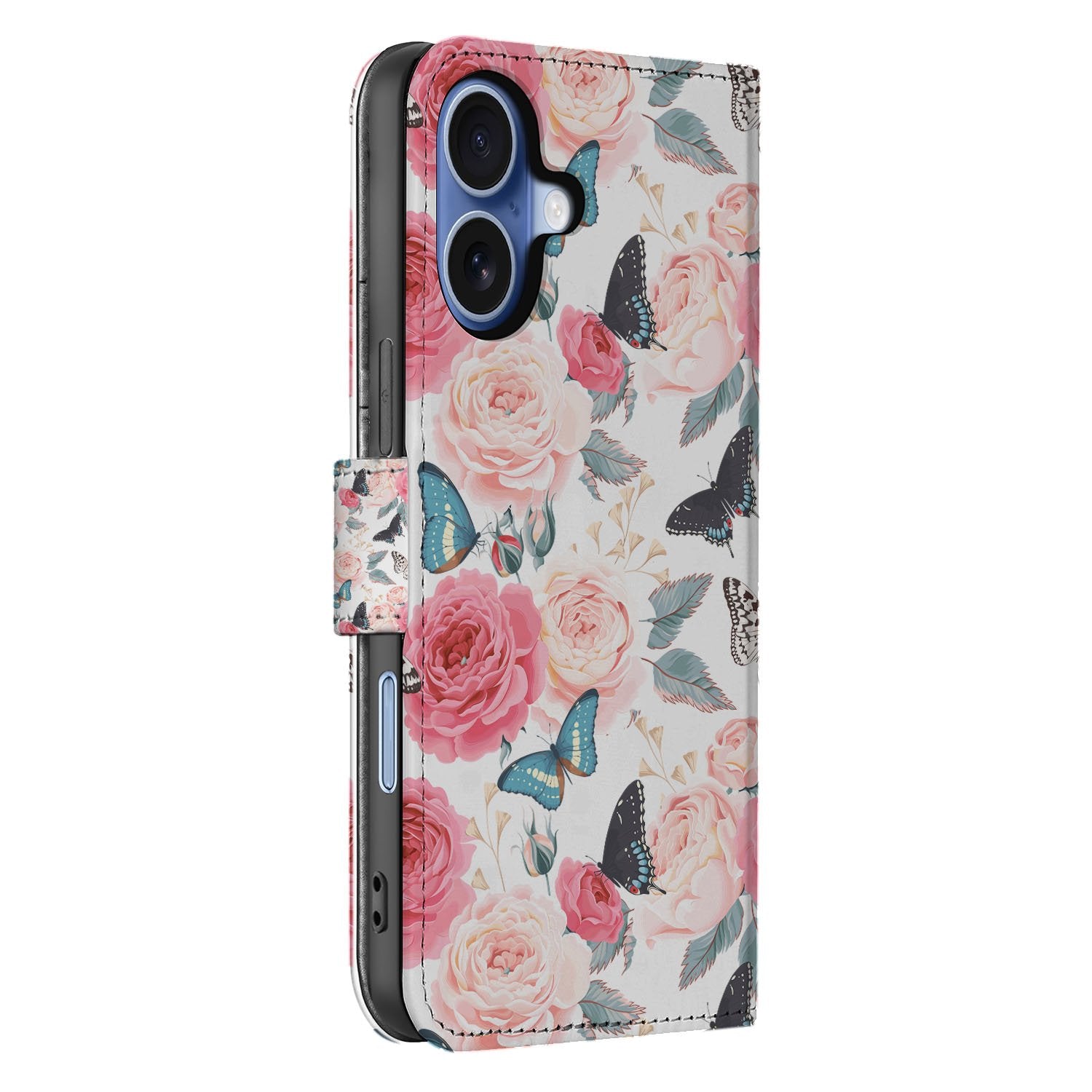 Apple iPhone 17 Bookcase Hoesje Roze Butterfly Roses Met Pasjes design Butterfly Roses aanzicht