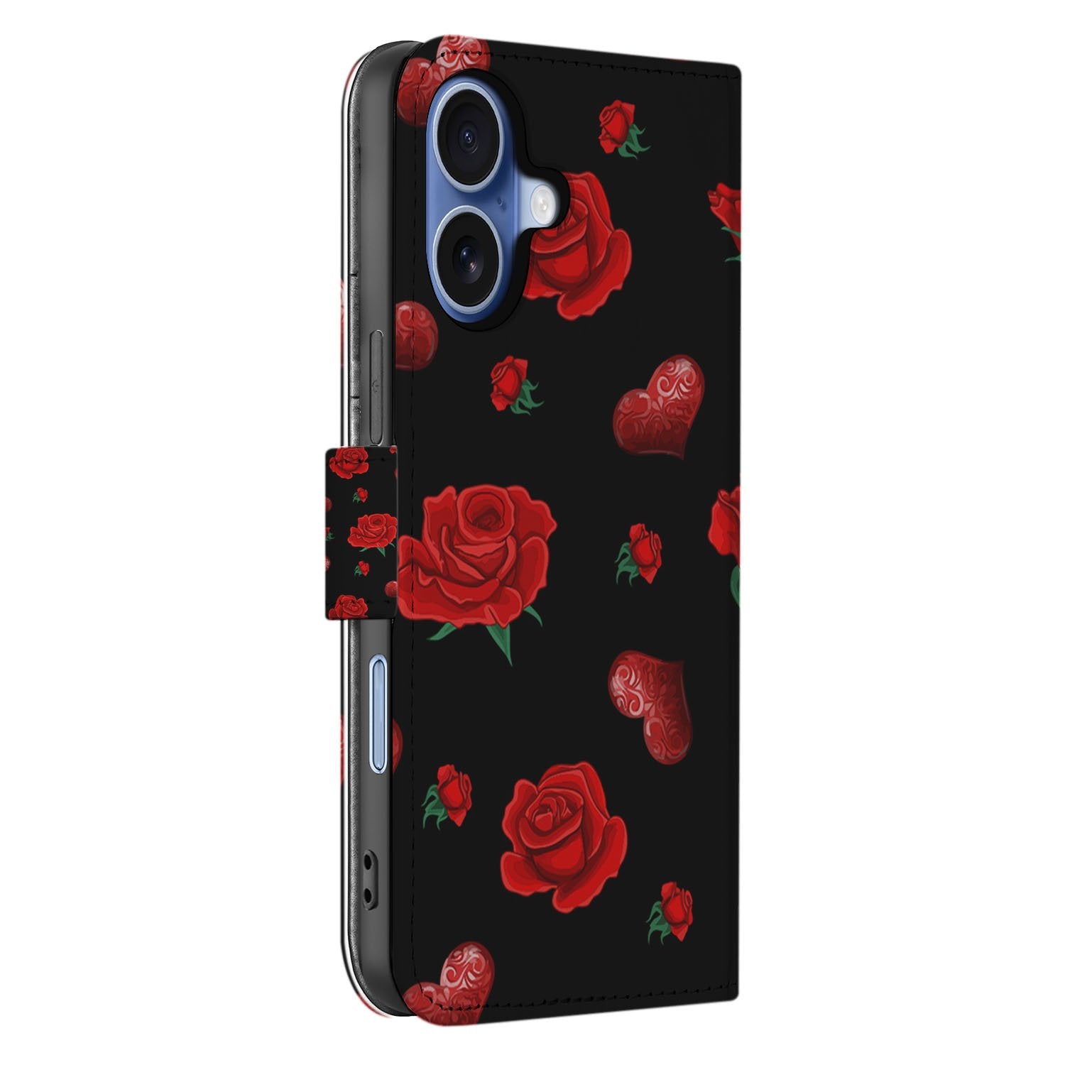 Apple iPhone 17 Bookcase Hoesje Valentine Met Pasvakjes rozenpracht zwarte achtergrond aanzicht