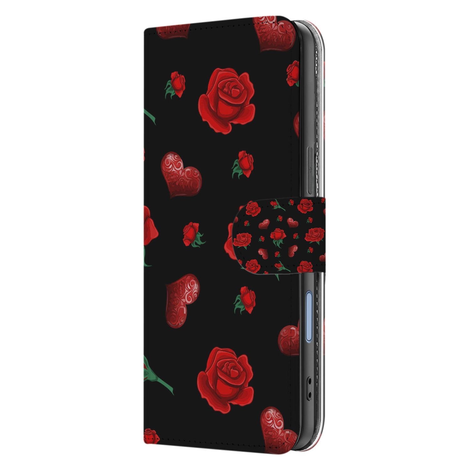 Apple iPhone 17 Bookcase Hoesje Valentine Met Pasvakjes Valentine design zwart met rozen hartjes aanzicht