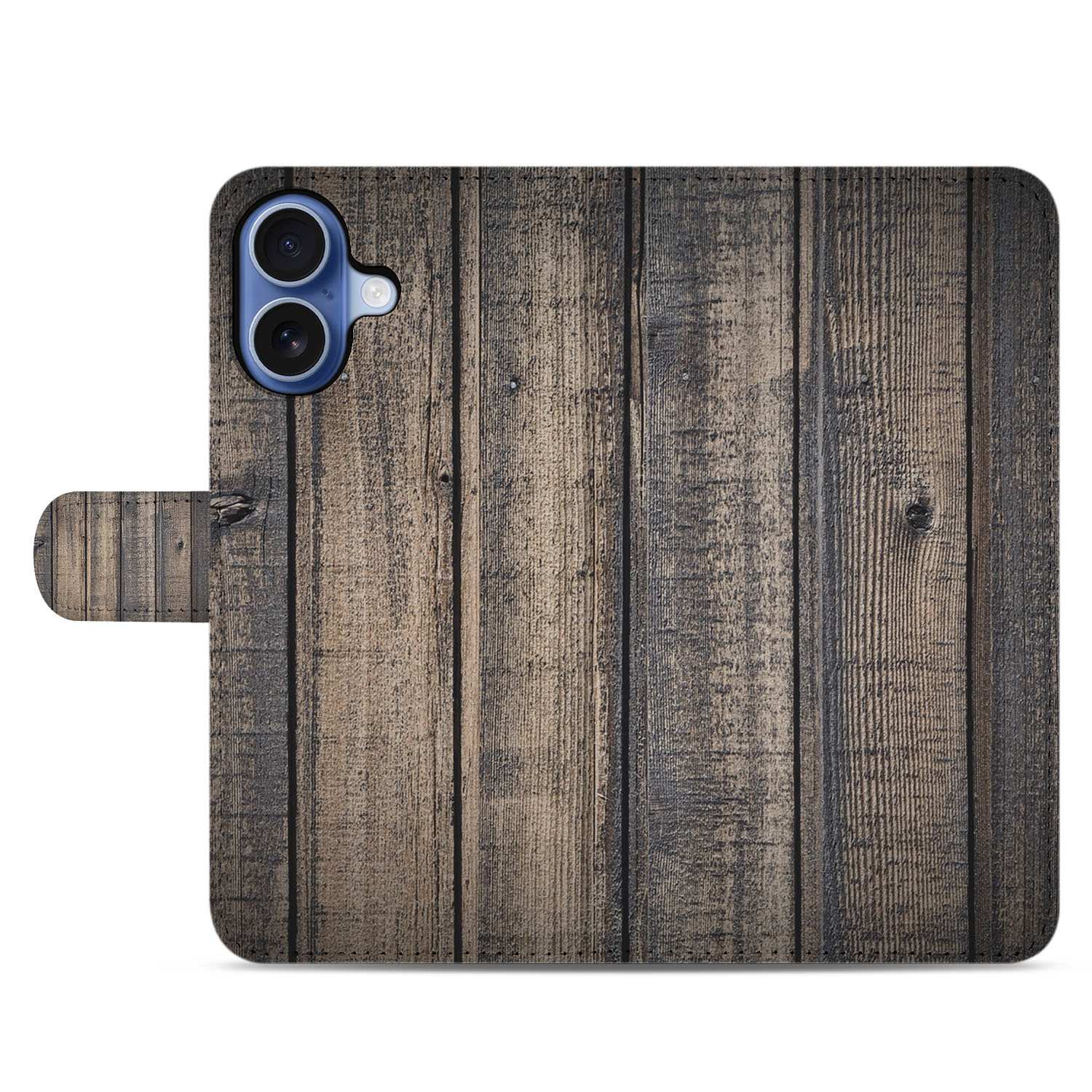 Apple iPhone 17 Bookstyle Hoes Steigerhout Design Met 3 Pasjes bookcase steigerhout aanzicht