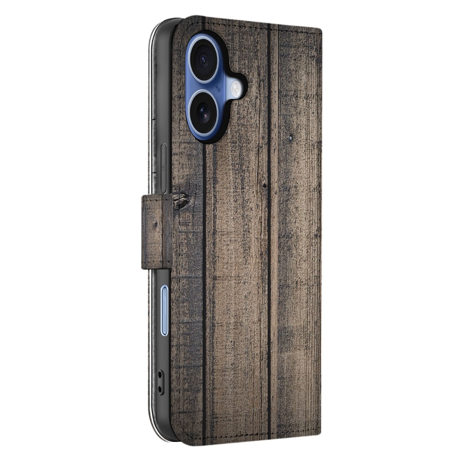 Apple iPhone 17 Bookstyle Hoes Steigerhout Design Met 3 Pasjes bookcase steigerhout aanzicht