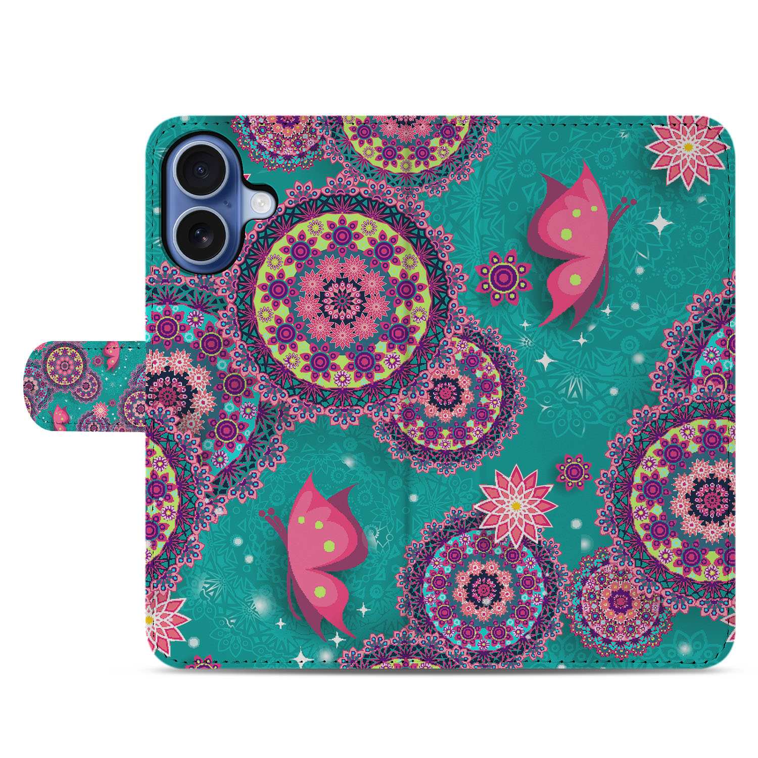 Apple iPhone 17 Bookstyle Hoesje Met Pasjes Cirkels en Vlinders design mandala butterfly front