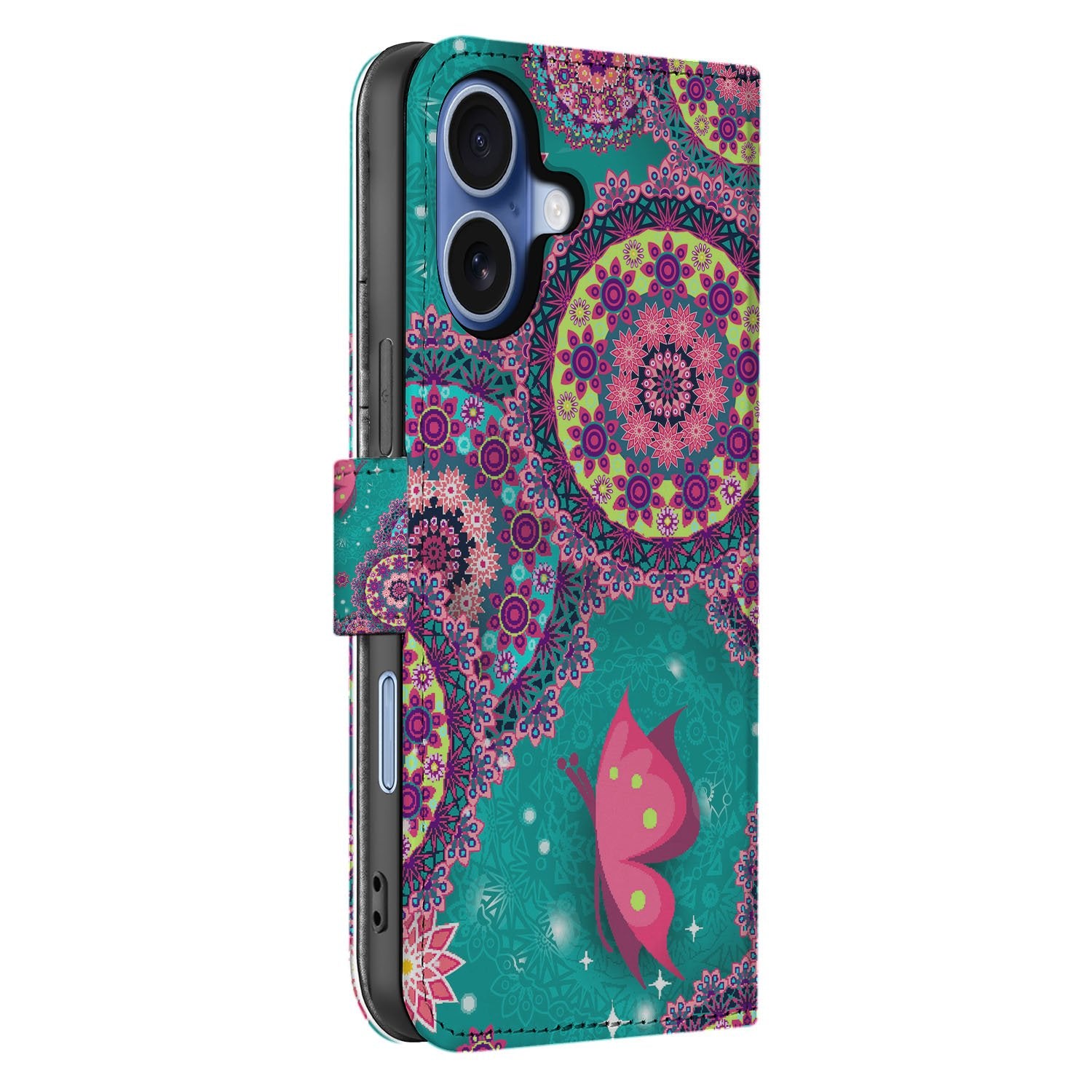 Apple iPhone 17 Bookstyle Hoesje Met Pasjes Cirkels en Vlinders bookcase design aanzicht