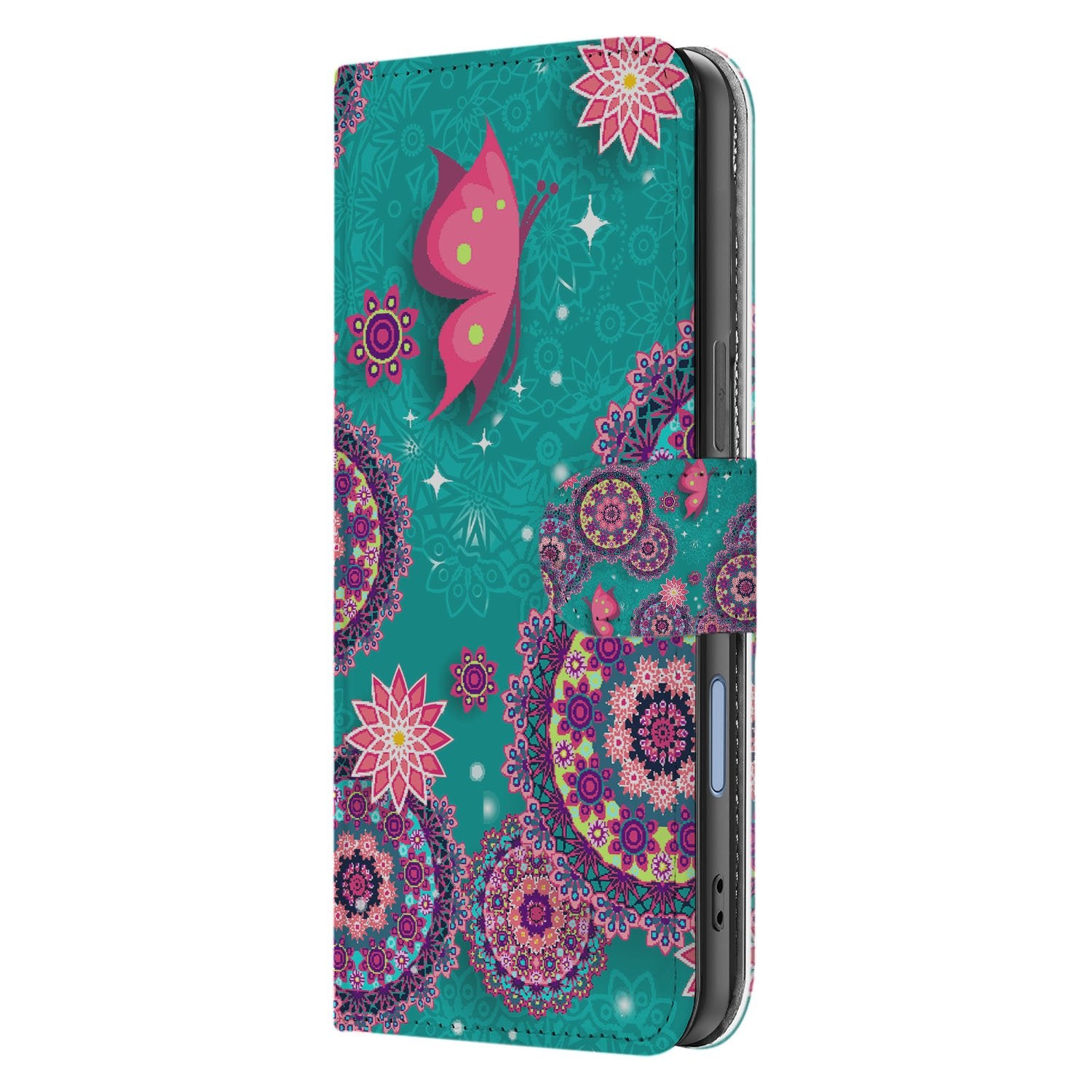 Apple iPhone 17 Bookstyle Hoesje Met Pasjes Cirkels en Vlinders book case design mandala turquoise ontwerp zijaanzicht