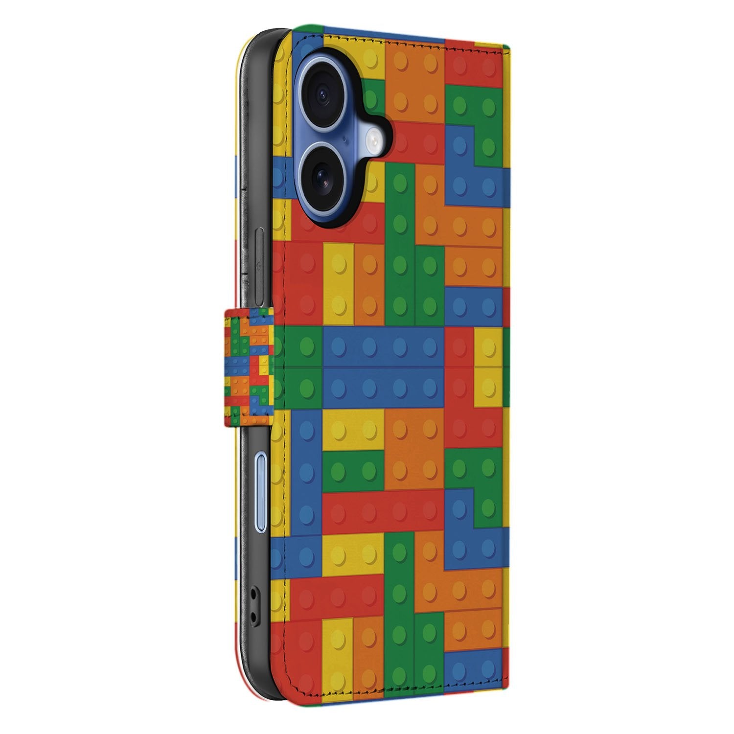 Apple iPhone 17 Hoesje Blokken Design Met 3 Pasjes Kleurrijk blokken design book case zijkant