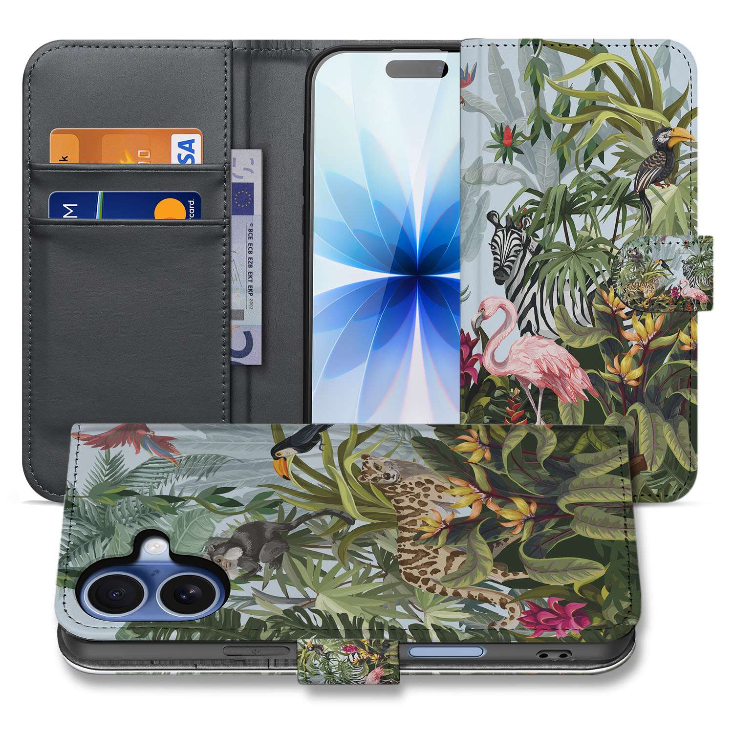 Apple iPhone 17 Hoesje Met Pasjes Jungle Design voorzijde voorkant