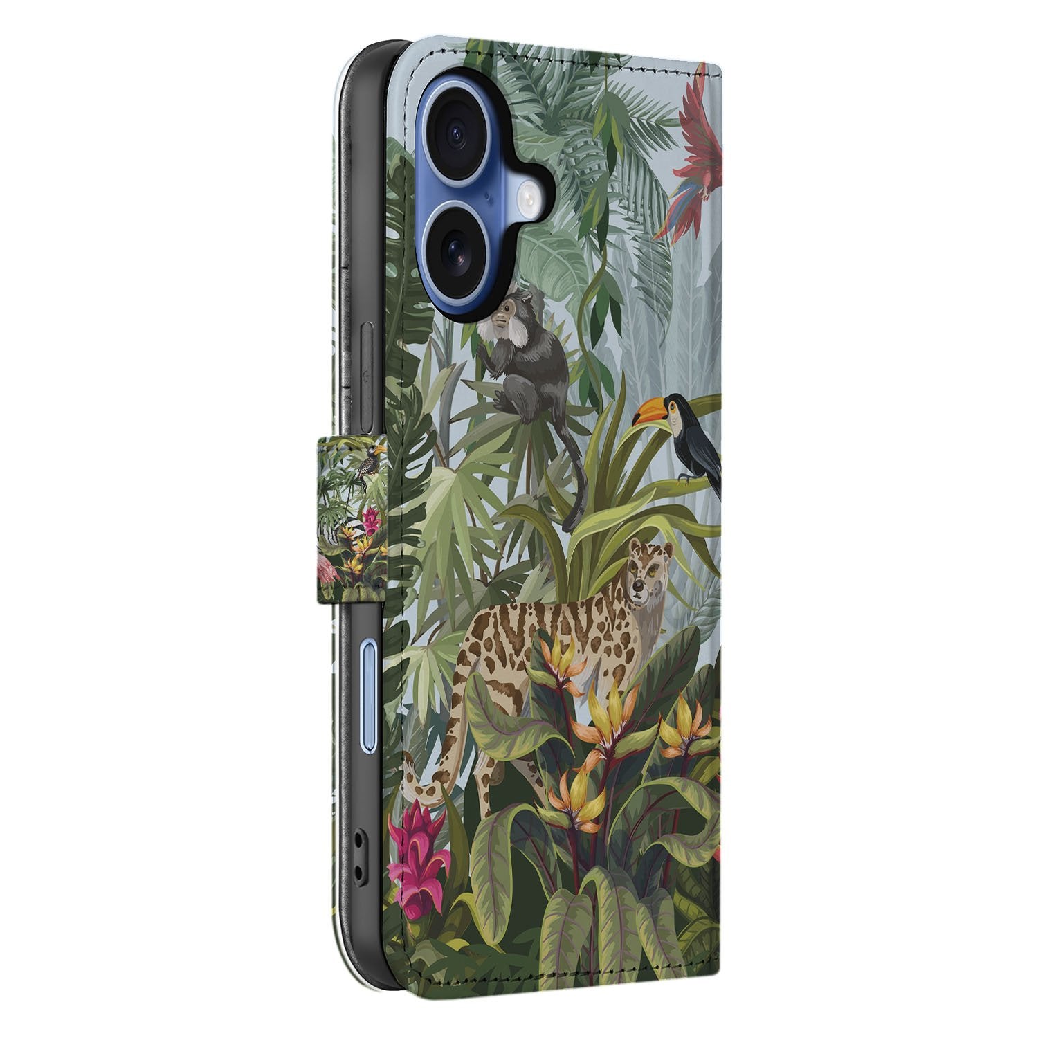 Apple iPhone 17 Hoesje Met Pasjes Jungle Design PU-Leer jungle design zijkant