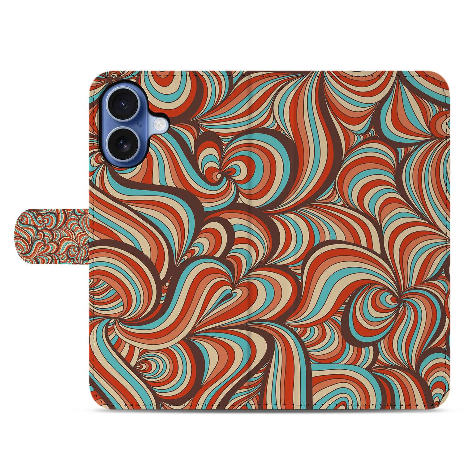 Apple iPhone 17 Hoesje Retro Met Pasjes En Magnetische Sluiting retro design bruin turquoise voorkant