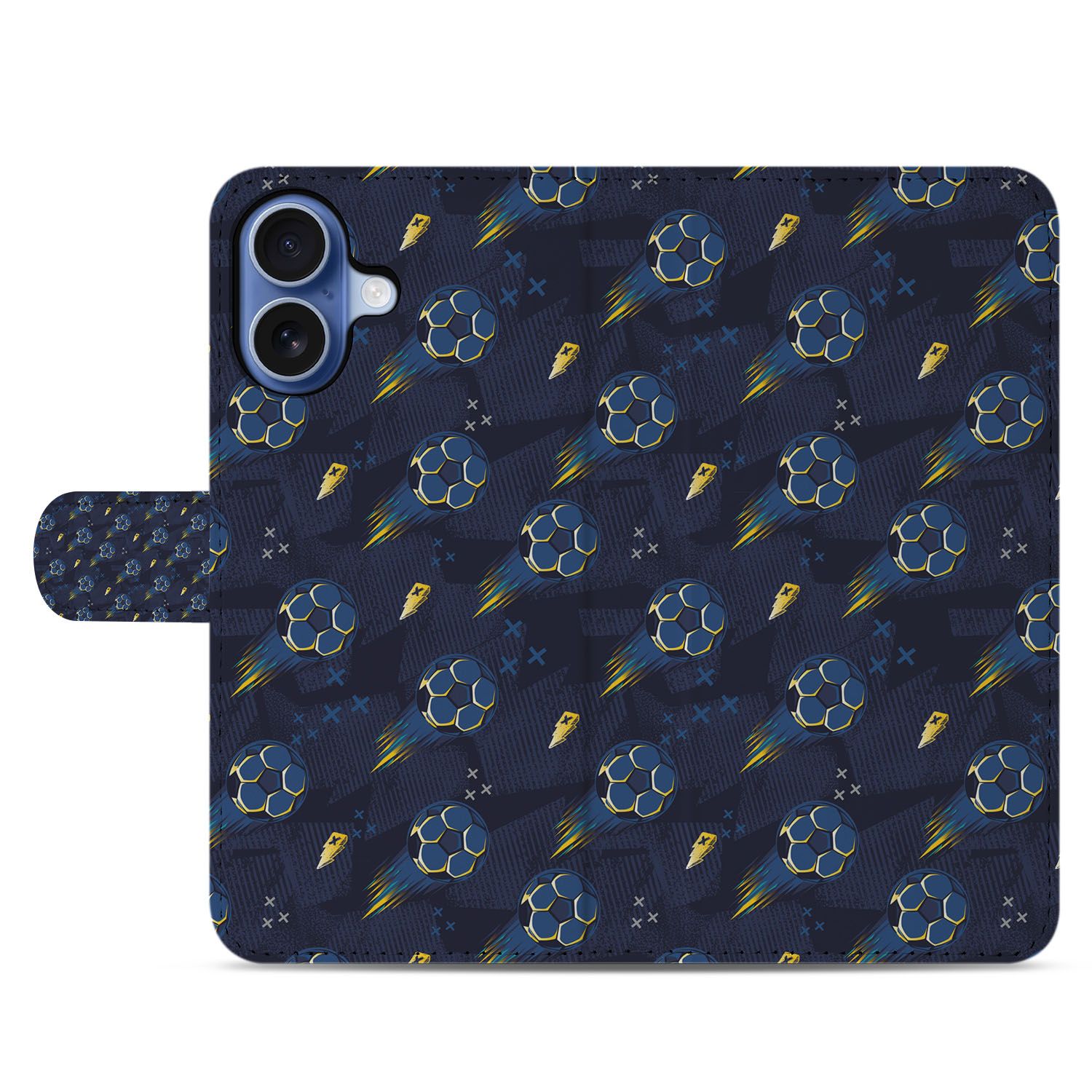Apple iPhone 17 Hoesje Voetbal Design PU Leer Met 3 Pasjes voetbaldesign blauw achteraanzicht