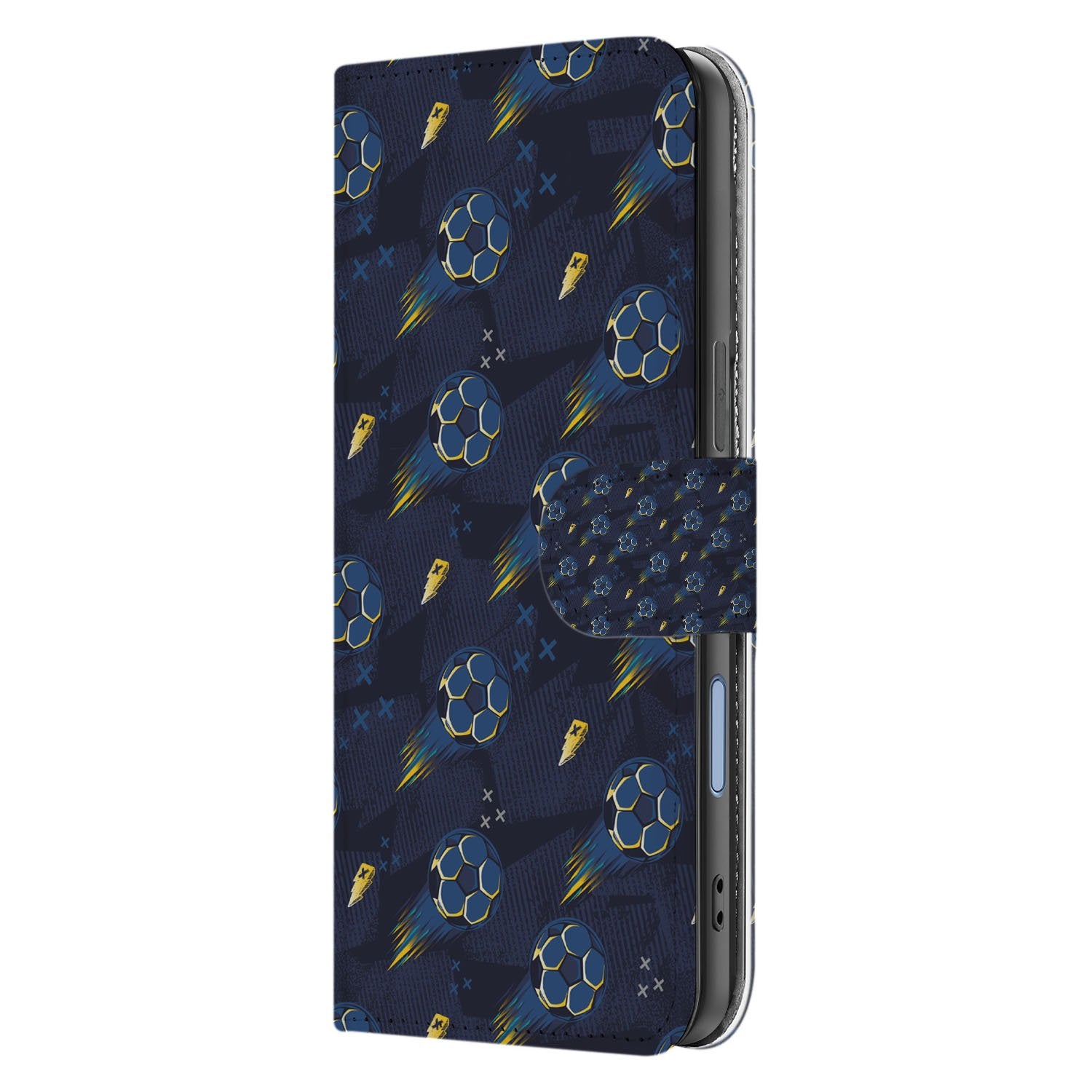 Apple iPhone 17 Hoesje Voetbal Design PU Leer Met 3 Pasjes blauw voetbalmotief aanzicht