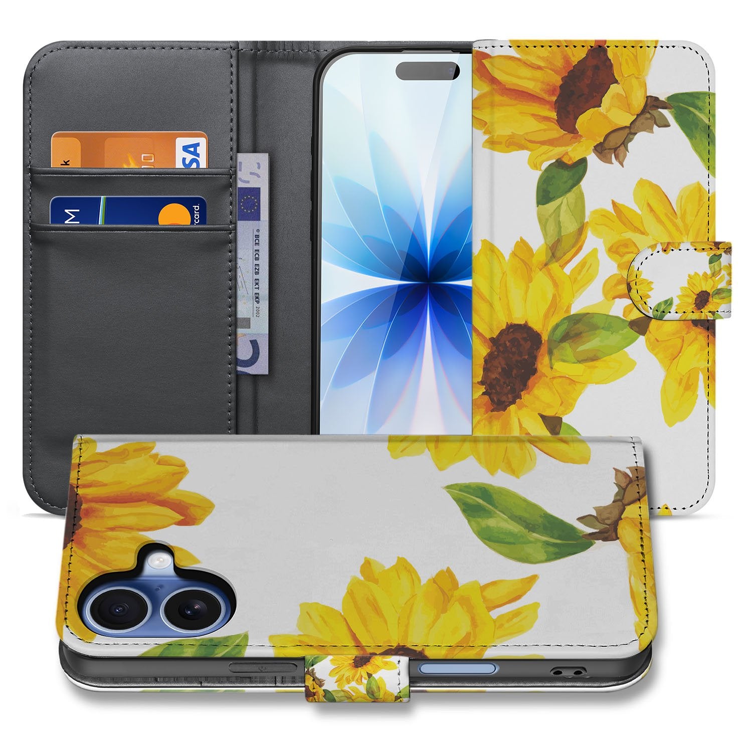 Apple iPhone 17 Hoesje Zonnebloemen Wallet PU Leer 3 Pasjes design zonnebloemen aanzicht voorzijde