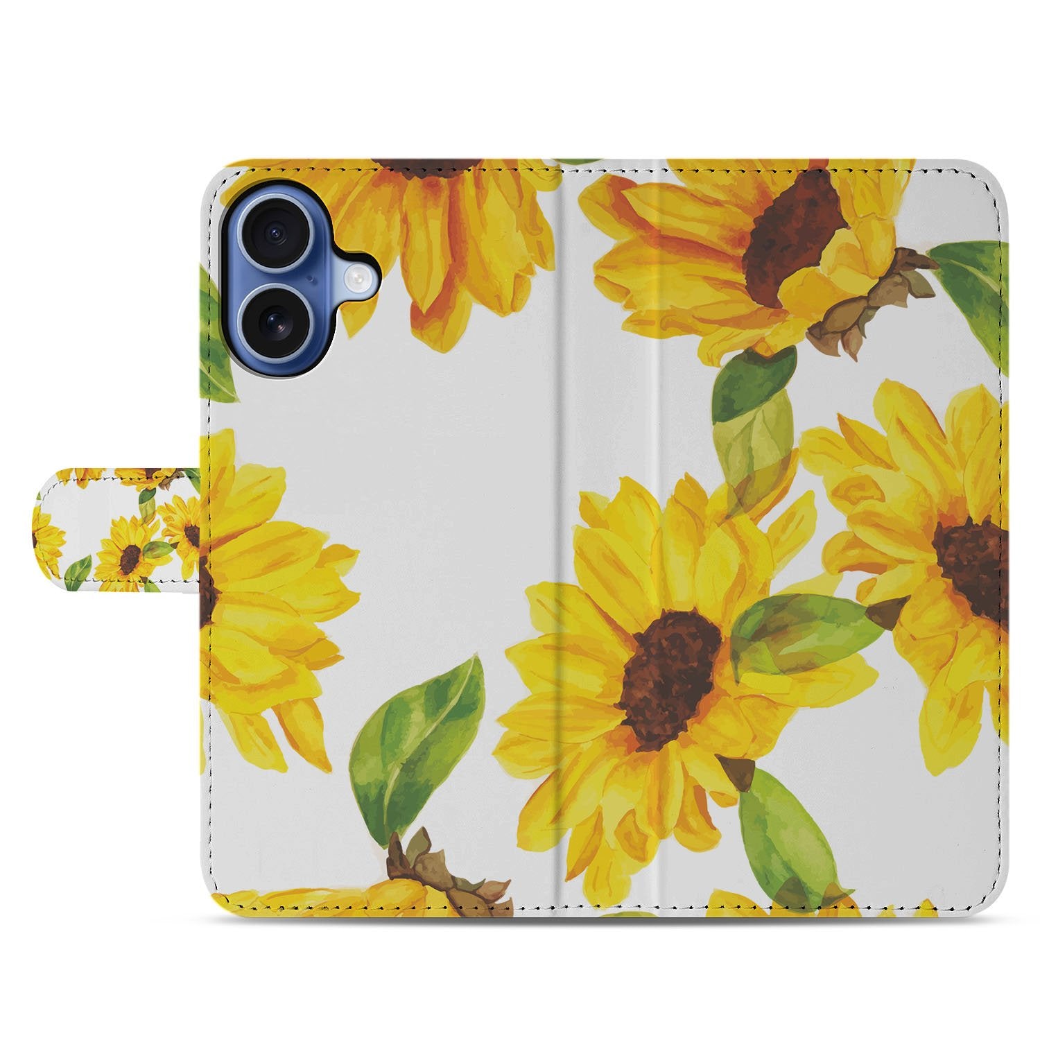Apple iPhone 17 Hoesje Zonnebloemen Wallet PU Leer 3 Pasjes design Zonnebloemen aanzicht voorkant