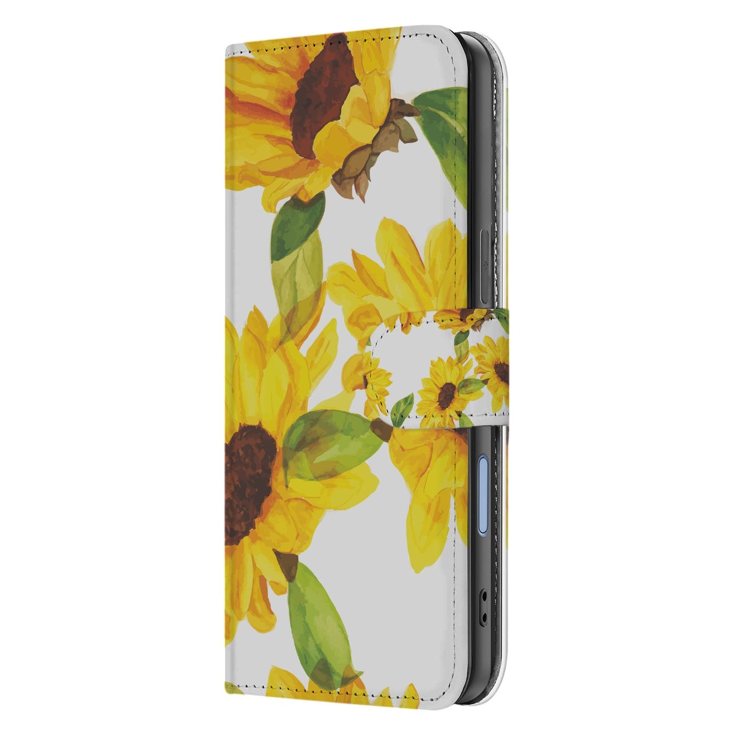Apple iPhone 17 Hoesje Zonnebloemen Wallet PU Leer 3 Pasjes bloemen design zijkant