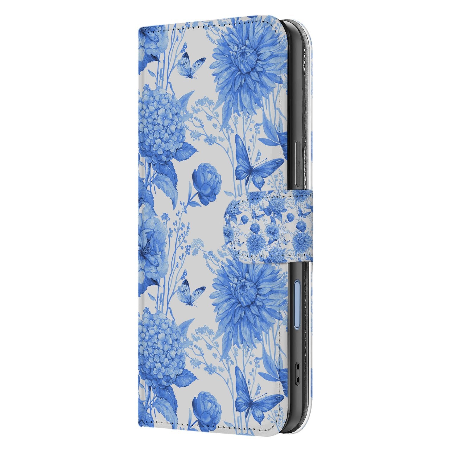 Apple iPhone 17 Portemonnee Hoesje Blauw Bloemen PU-Leer 3 Pasjes bloemenpatroon blauw zijaanzicht