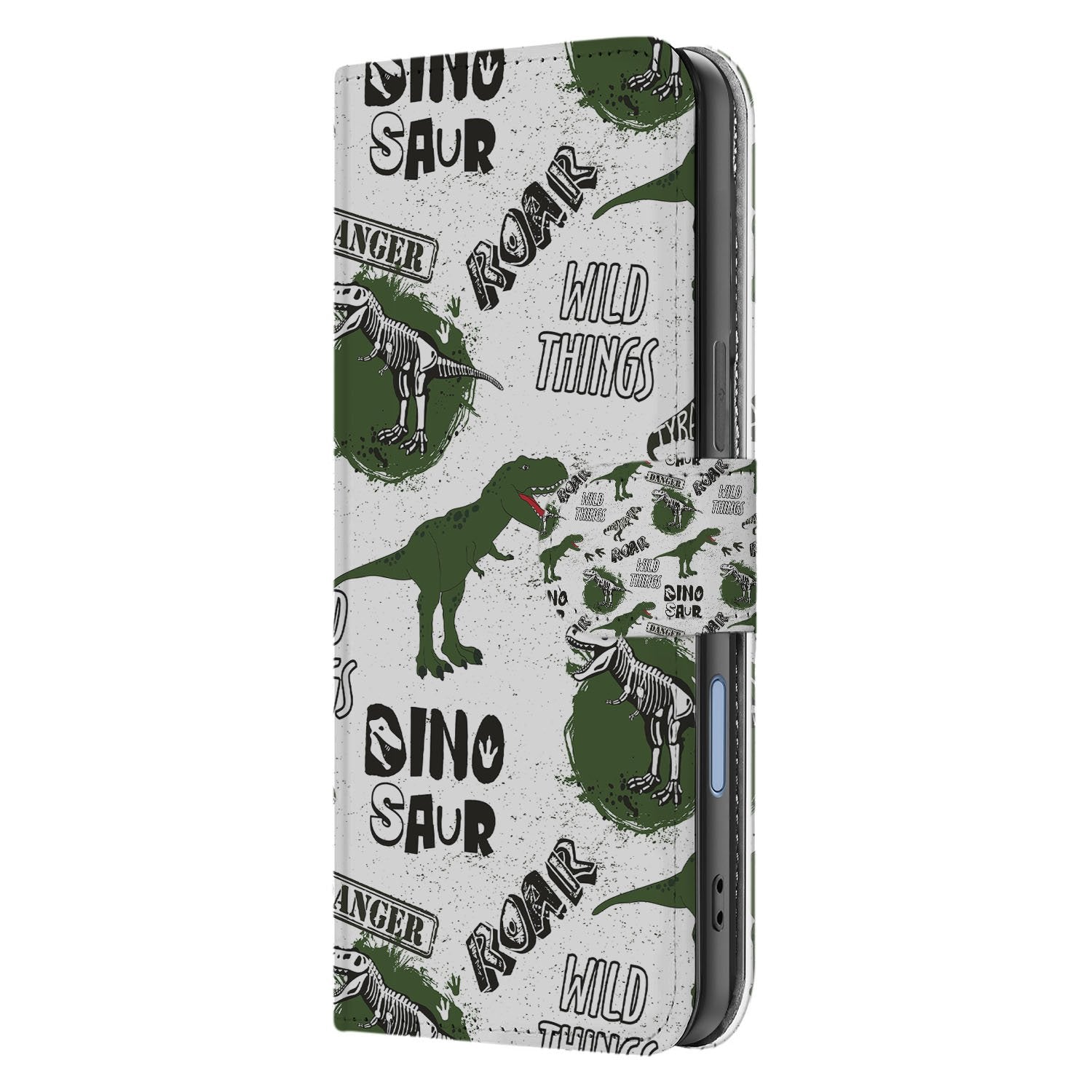 Apple iPhone 17 Portemonnee Hoesje Met Pasjes Dino Print PU Leer dinosaurusprint grijs groene illustraties aanzicht