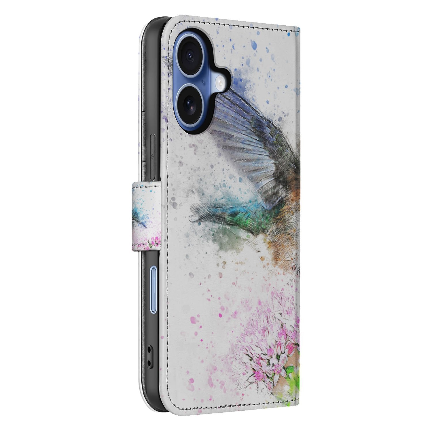 Apple iPhone 17 Portemonneehoes Vogel Print Met 3 Pasjes zijaanzicht kleurrijke kolibrie ontwerp