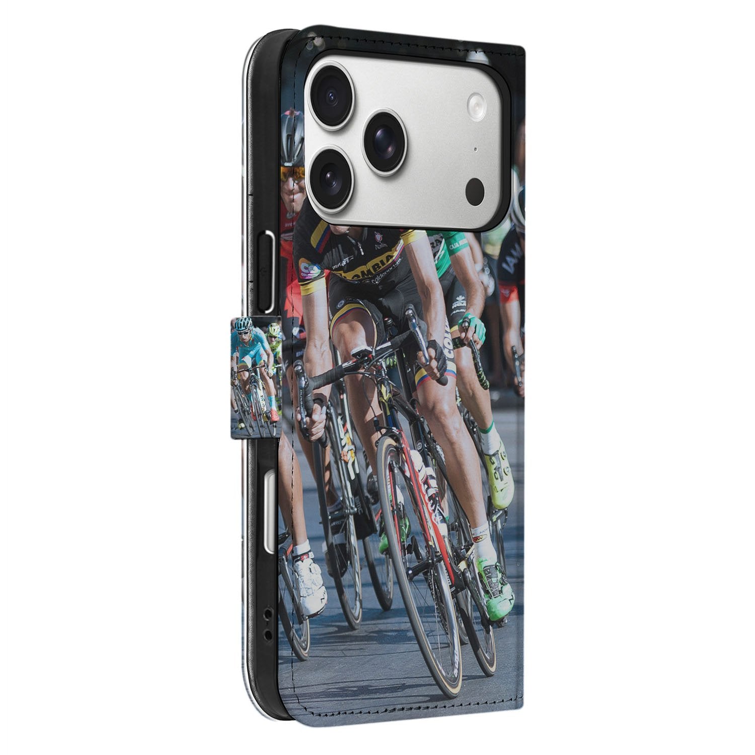 Apple iPhone 17 Pro Hoesje Maken met Foto Portemonnee Case wielrenners aanzicht