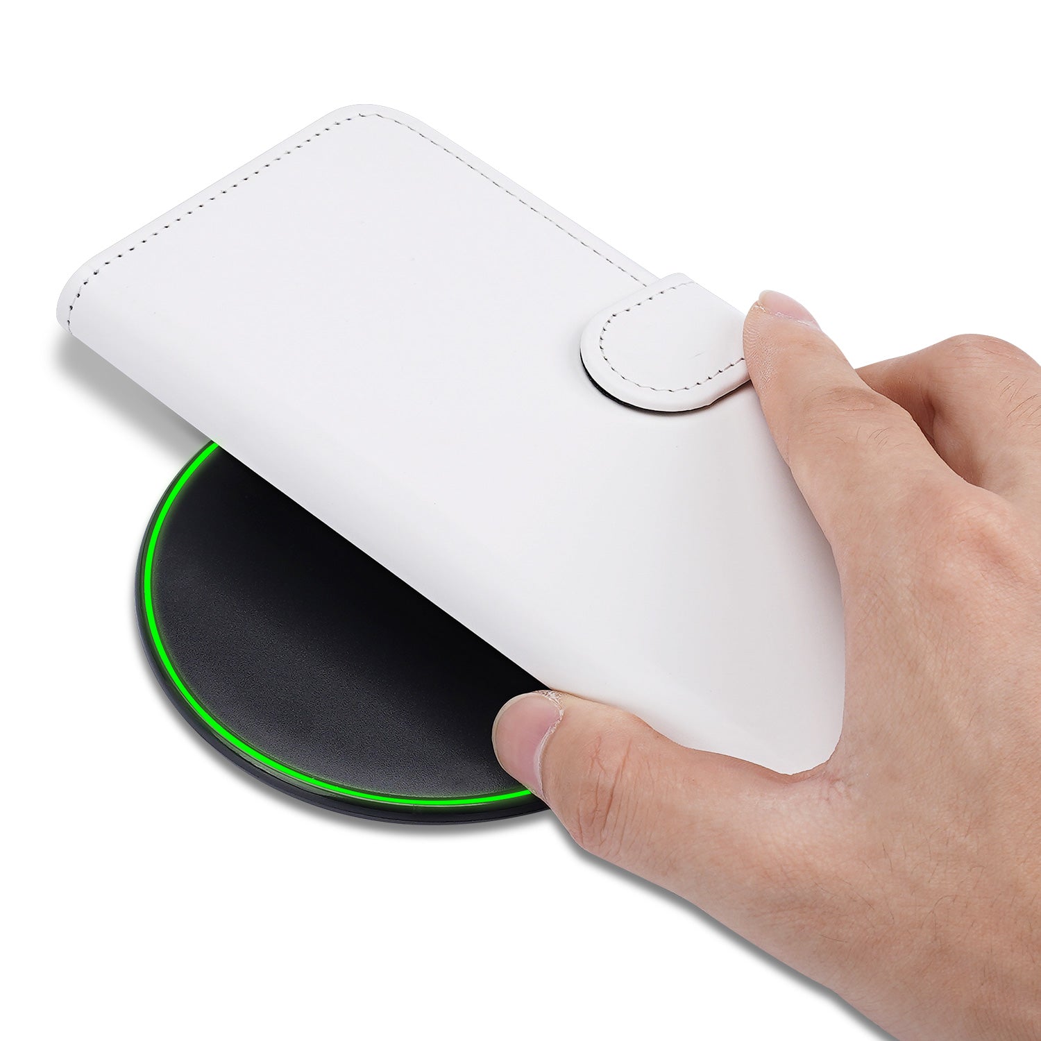 Apple iPhone 17 Pro Max Book Case Wit Met Pasjeshouder hand wireless opladen bovenaanzicht