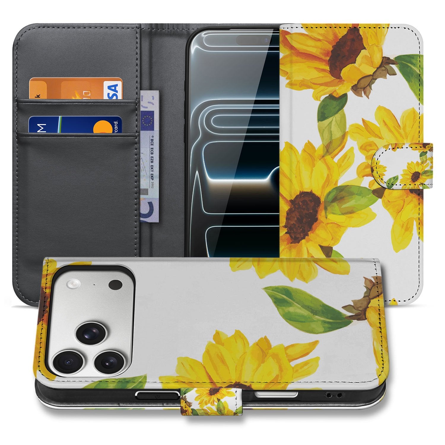 Apple iPhone 17 Pro Max Hoesje Zonnebloemen Wallet PU Leer 3 Pasjes design zonnebloemen binnenzijde voorkant