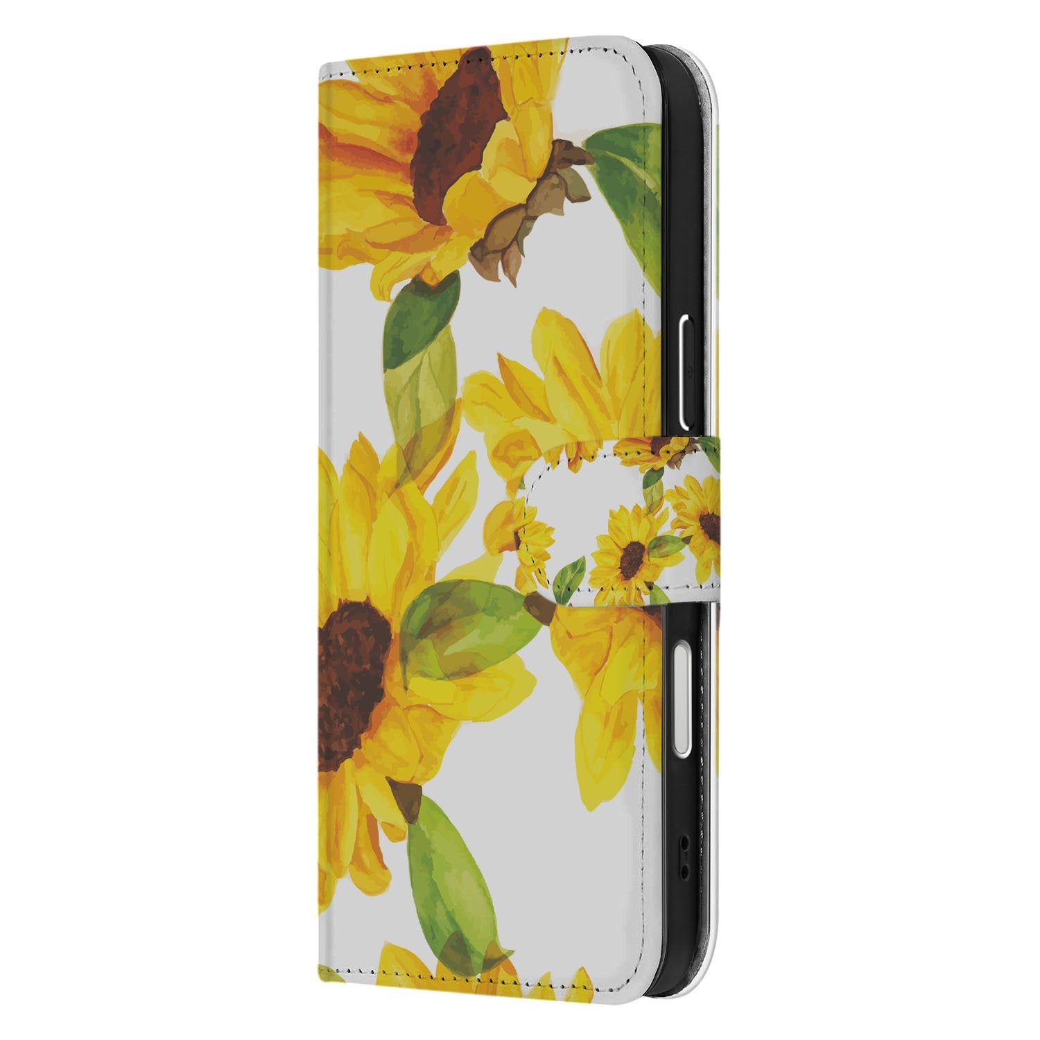 Apple iPhone 17 Pro Max Hoesje Zonnebloemen Wallet PU Leer 3 Pasjes design Zonnebloemen zijaanzicht