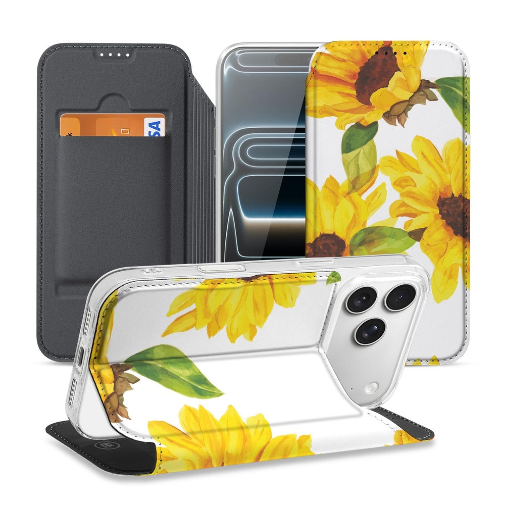 Apple iPhone 17 Pro Smart Cover Hoesje Zonnebloemen zonnebloemen design voorkant achterkant