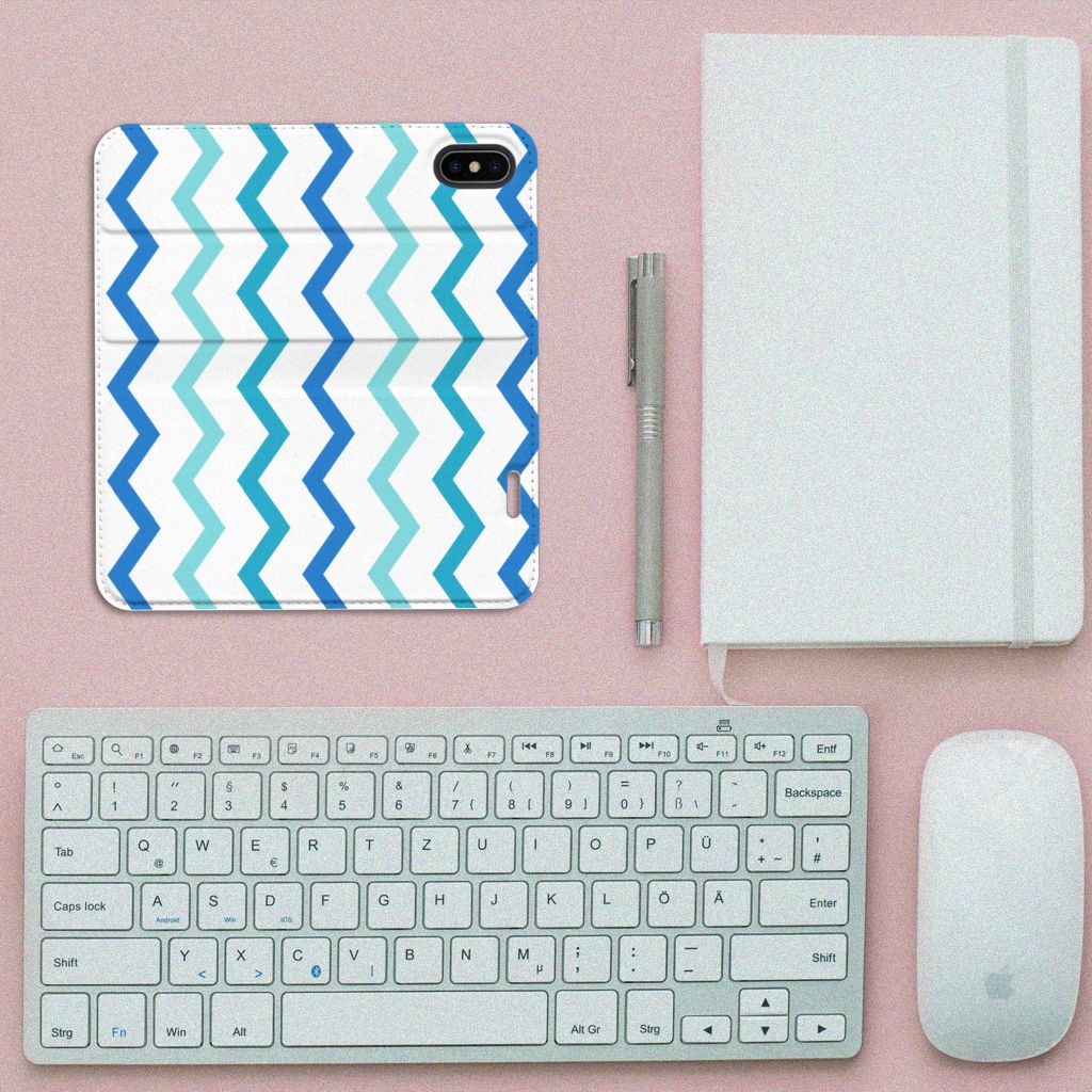 Apple iPhone X | Xs Hoesje met Magneet Zigzag Blauw zigzag design bovenaanzicht