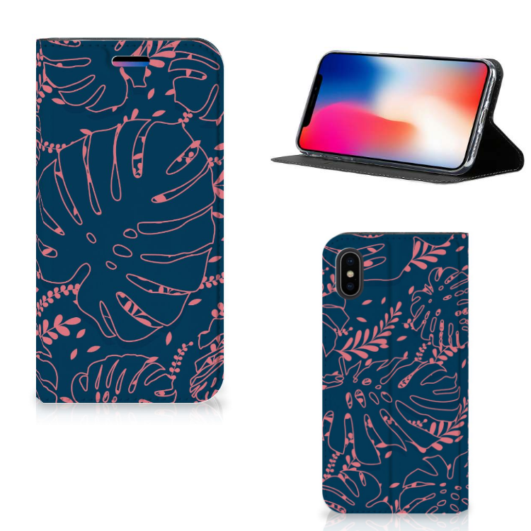 Apple iPhone X | Xs Smart Cover Palm Leaves smartphone hoesje roze bladeren blauwe achtergrond