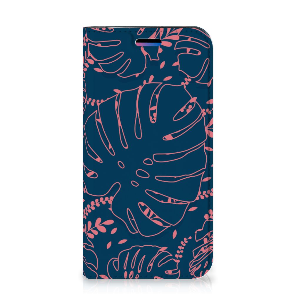 Apple iPhone X | Xs Smart Cover Palm Leaves roze bladeren blauwe achtergrond vooraanzicht