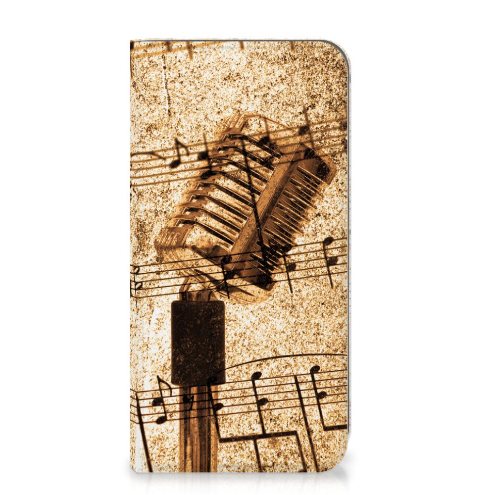 Apple iPhone Xs Max Stand Case Bladmuziek met vintage microfoon en muzikale noten