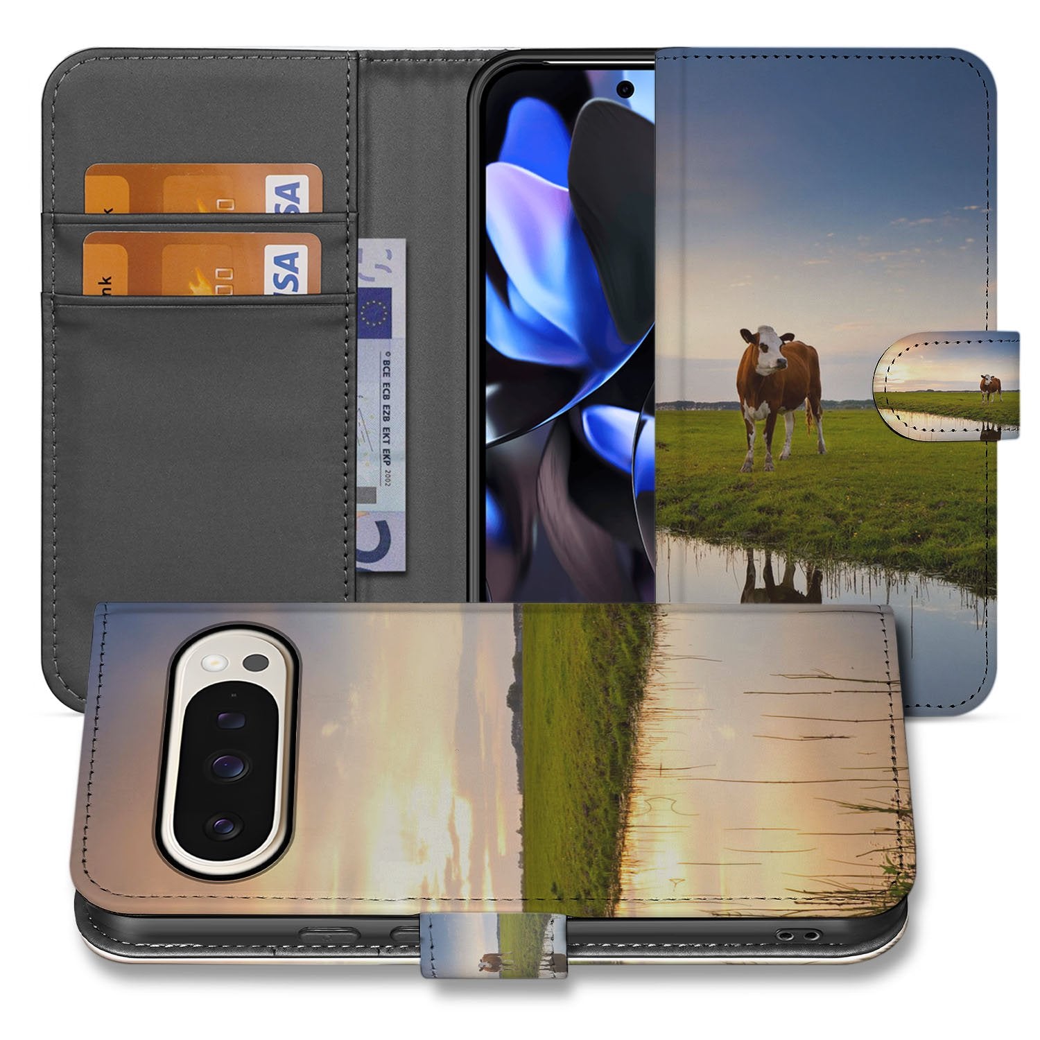 Book Case Google Pixel 10 | 10 Pro Koeienprint Zwart Wit boekhoes koeien landschap vooraanzicht