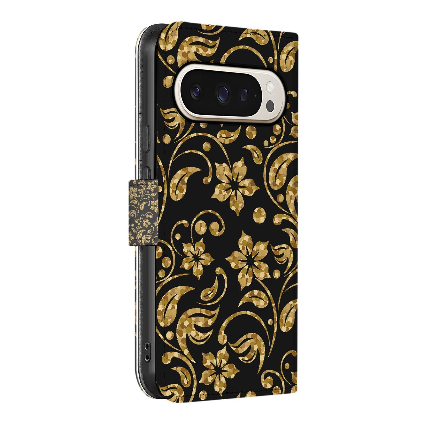 Book Case Google Pixel 10 Pro Gouden Bloemen Pasjesvak zijkant