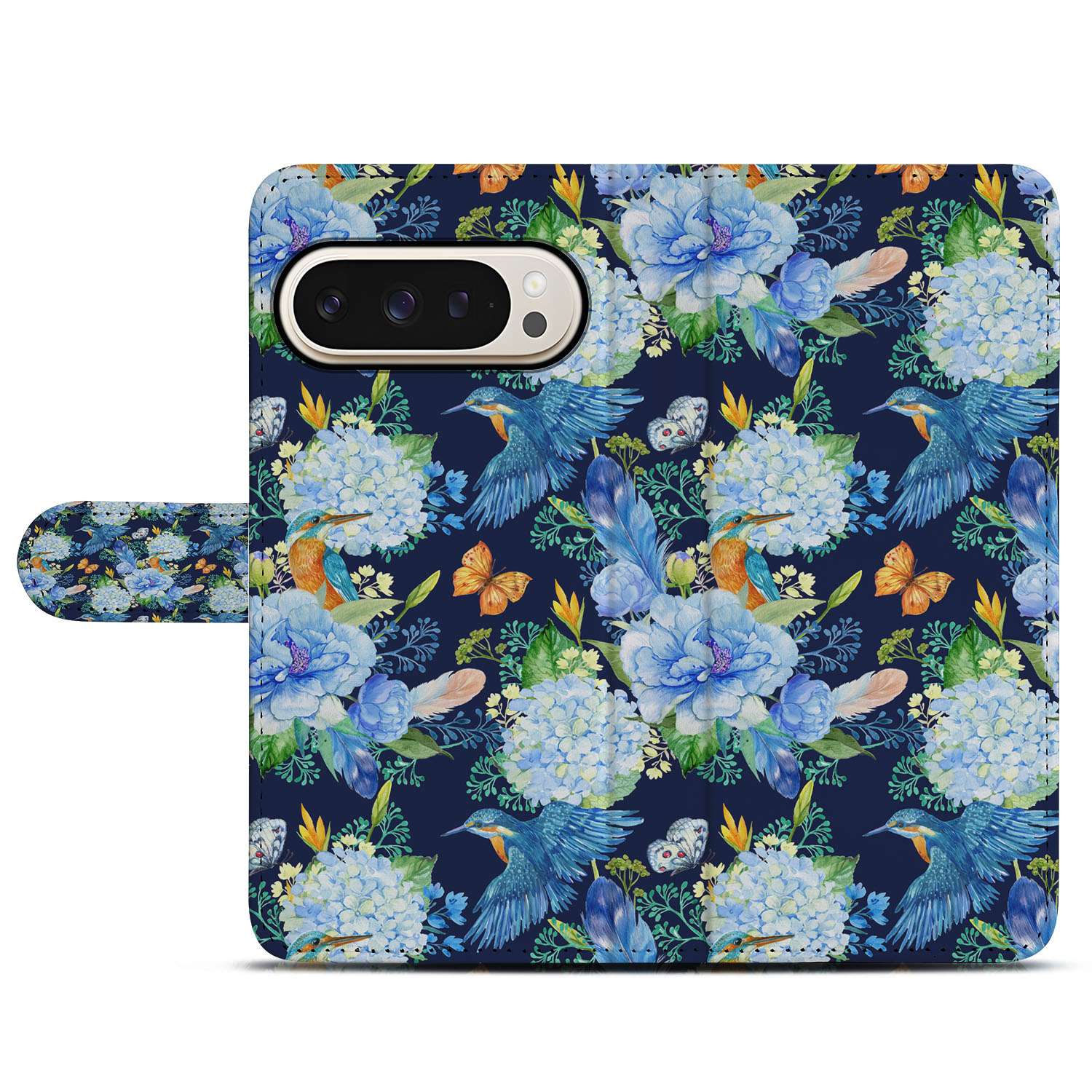 Book Case Google Pixel 10 Pro | Ijsvogel PU Leer bloemenschildering ijsvogel donkerblauw design