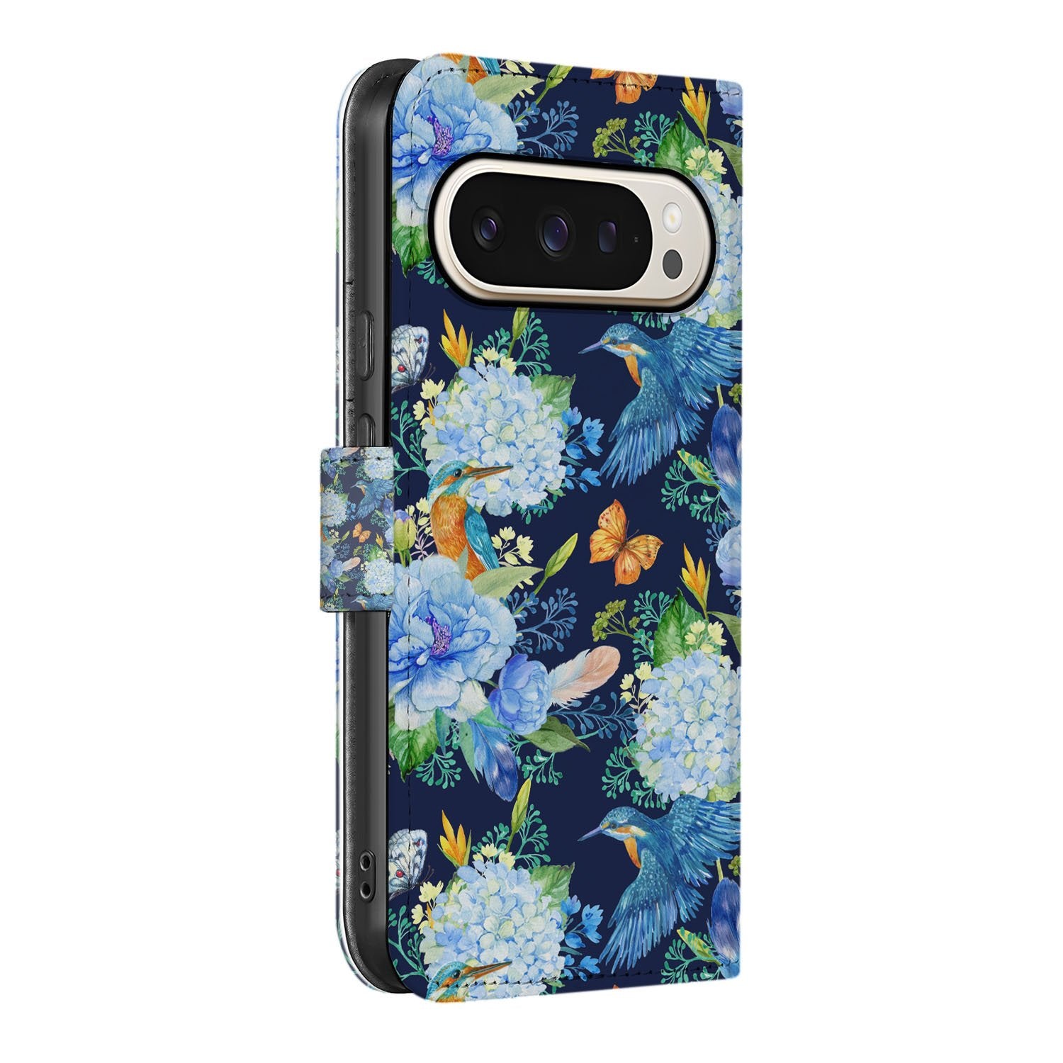 Book Case Google Pixel 10 Pro | Ijsvogel PU Leer portefeuille bloemen ijsvogel donkerblauw