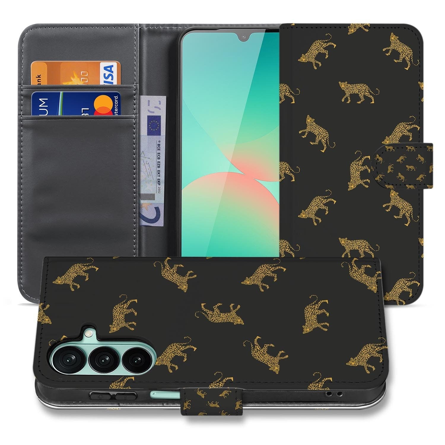 Samsung Galaxy A27 bookcase Leopards, voorkant met gesloten klep