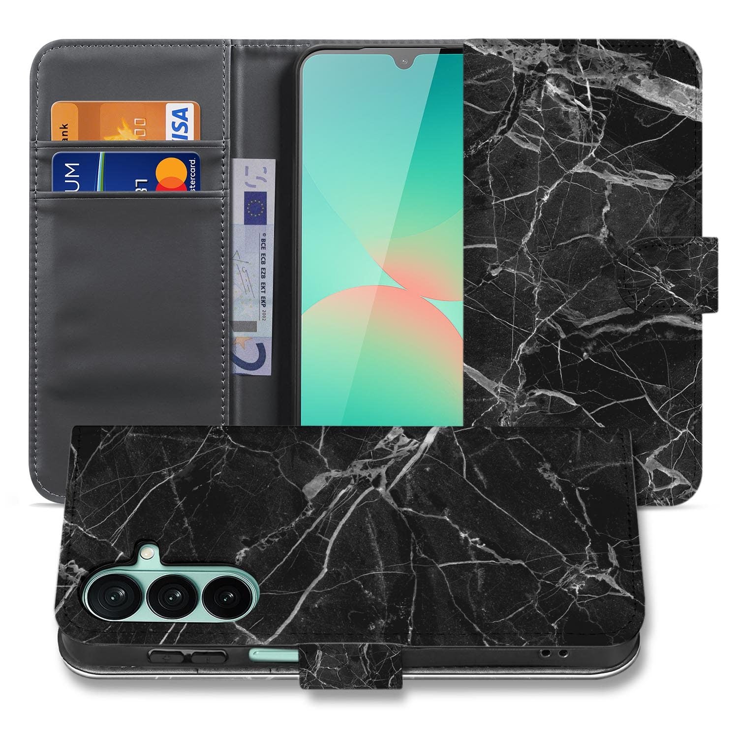 Samsung Galaxy A27 bookcase Marmer Zwart, voorkant met gesloten klep