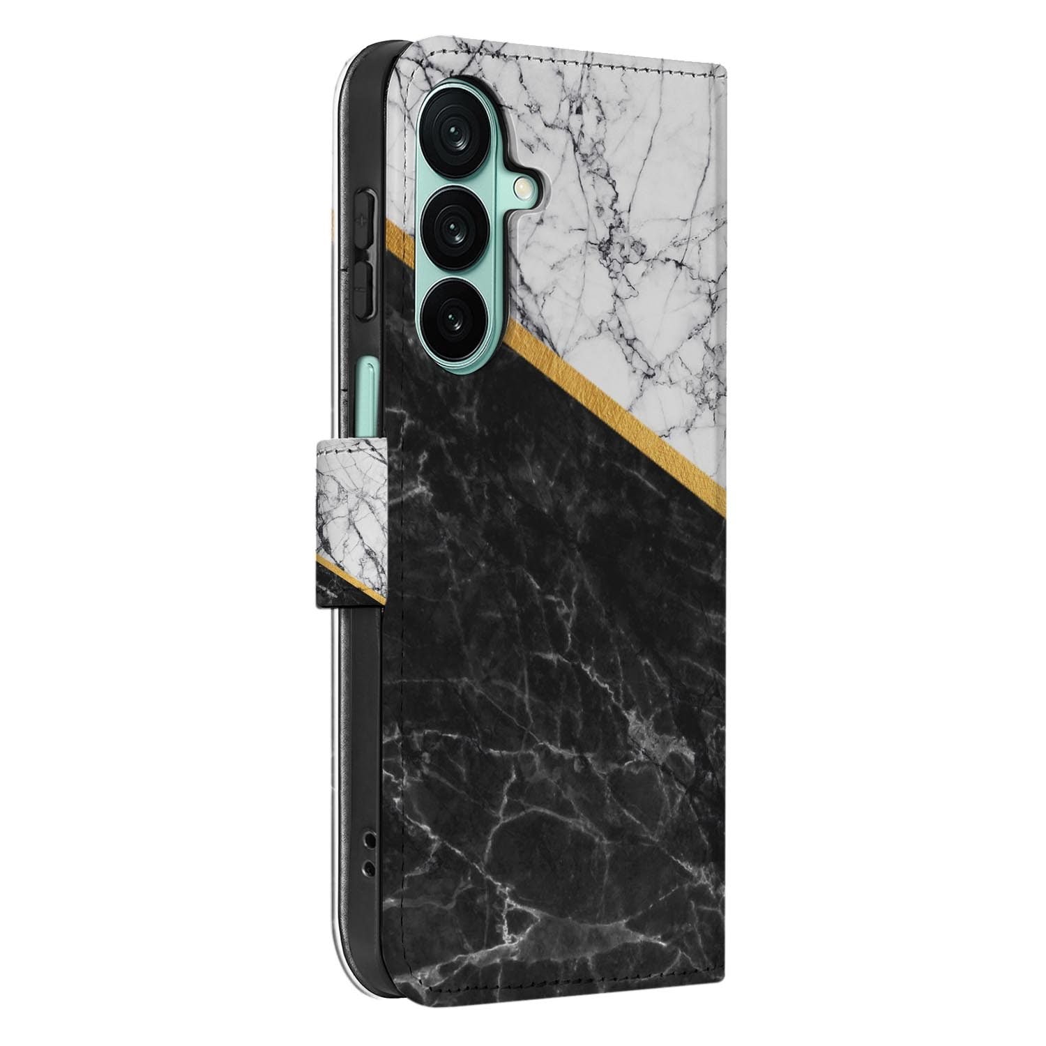 Samsung Galaxy A27 bookcase Marble White Black, detail van het stiksel