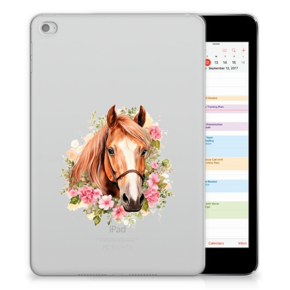 Back Case voor Apple iPad Mini 4 | Mini 5 (2019) Paard met een mooie paardenafbeelding en bloemen.