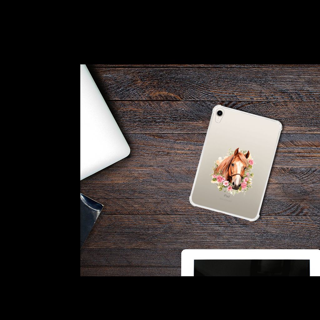 Back Case voor Apple iPad mini 6 (2021) Paard met een schattig paardenontwerp en bloemen op een houten tafel.