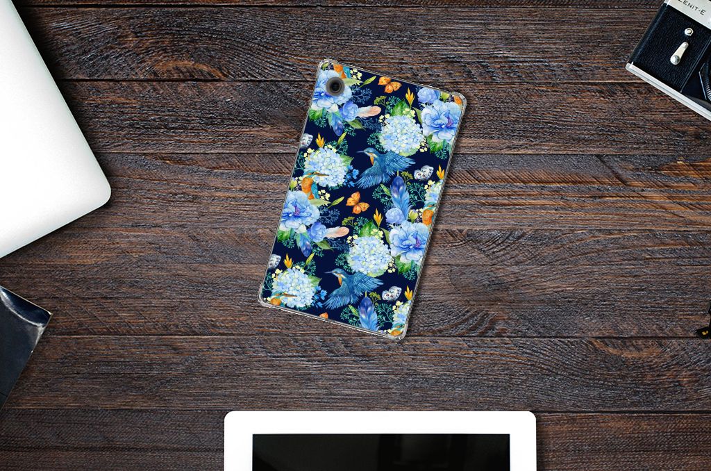 Samsung Galaxy Tab A9 Back Case IJsvogel bloemen design bovenaanzicht