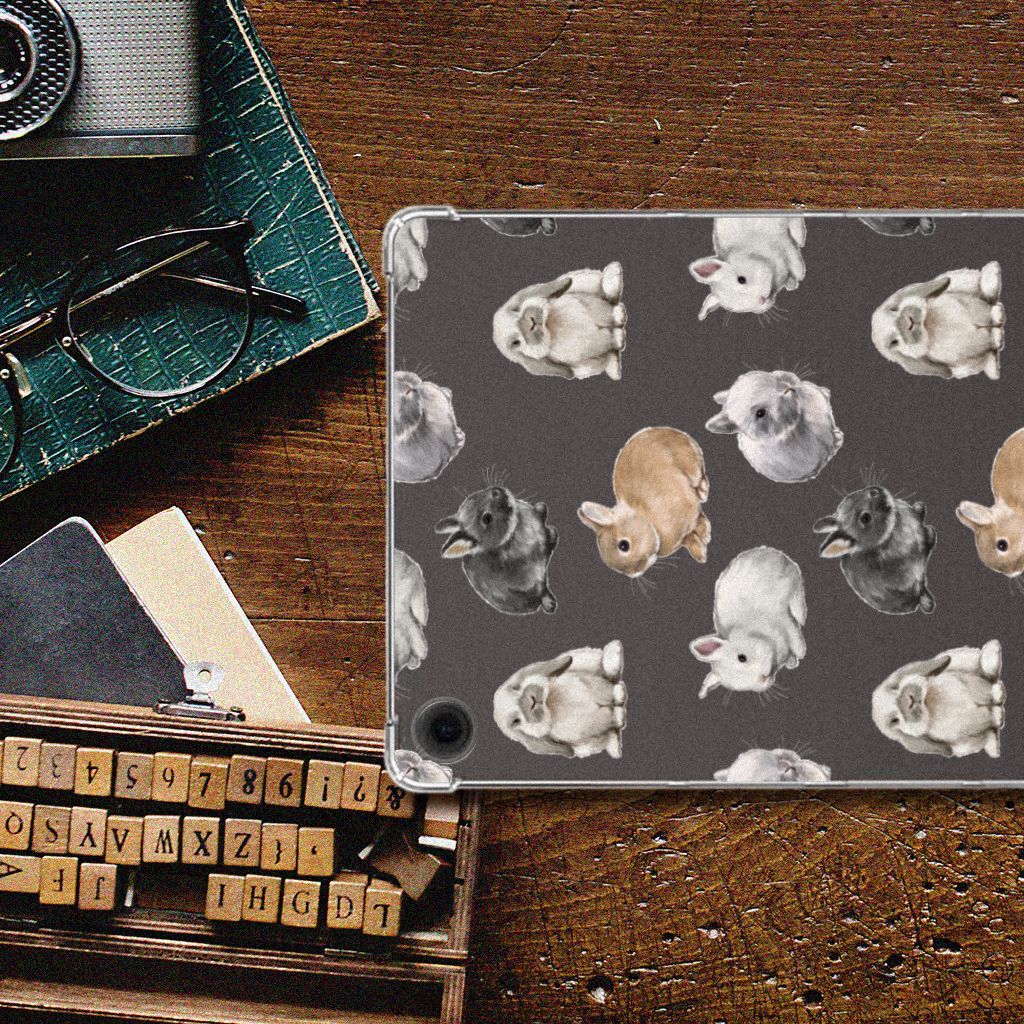 Back Case voor Samsung Galaxy Tab A9 Plus Konijntjes met schattige konijnen op een grijze achtergrond 🐇