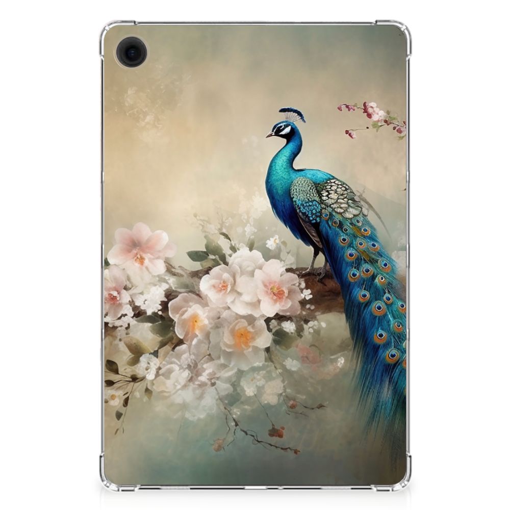 Book Case Samsung Galaxy Tab A9 Plus Vintage Pauwen peacock flowers design achterkant
