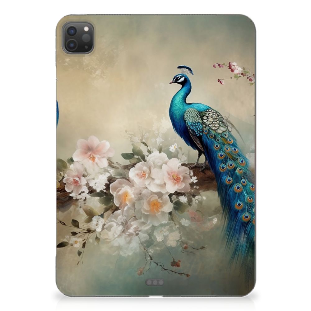 Back Case voor iPad Pro 11 (2024) Vintage Pauwen pauw bloemen aanzicht