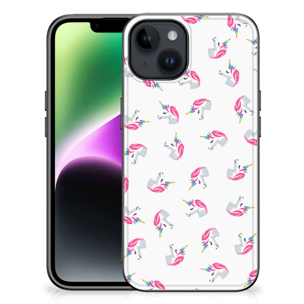 Apple iPhone 15 Back Case voor iPhone 15 Unicorns bloemen ontwerp voorkant