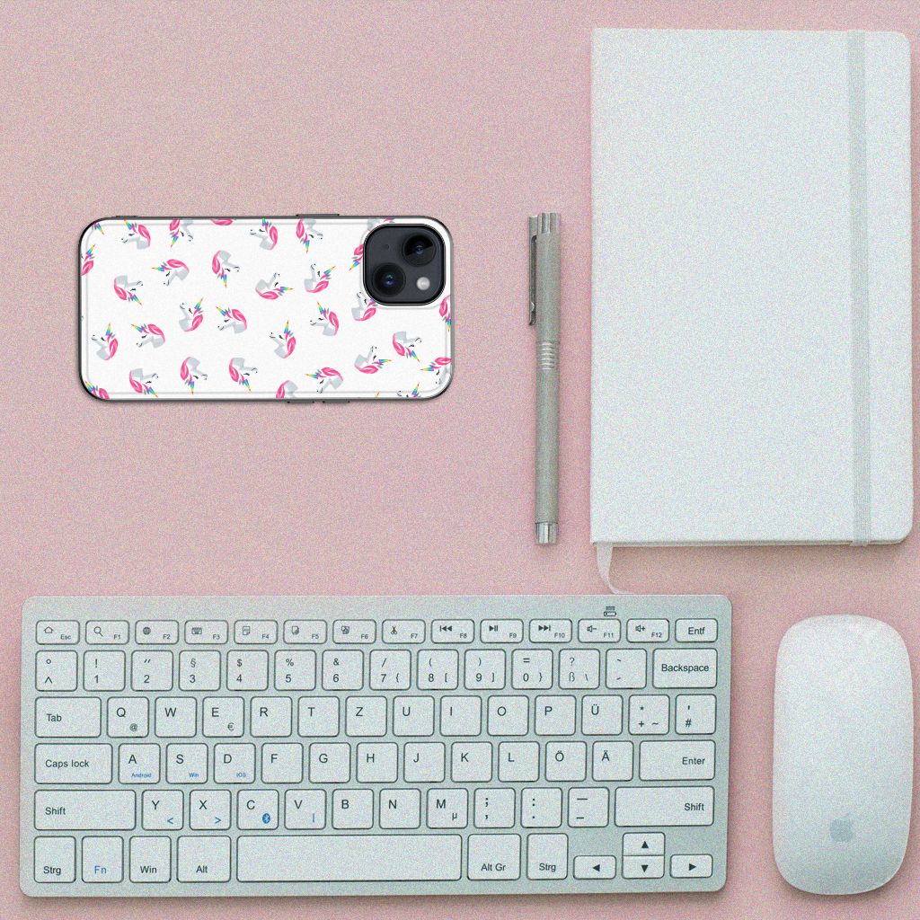 Apple iPhone 15 Back Case voor iPhone 15 Unicorns bovenaanzicht toetsenbord notitieboekje muis