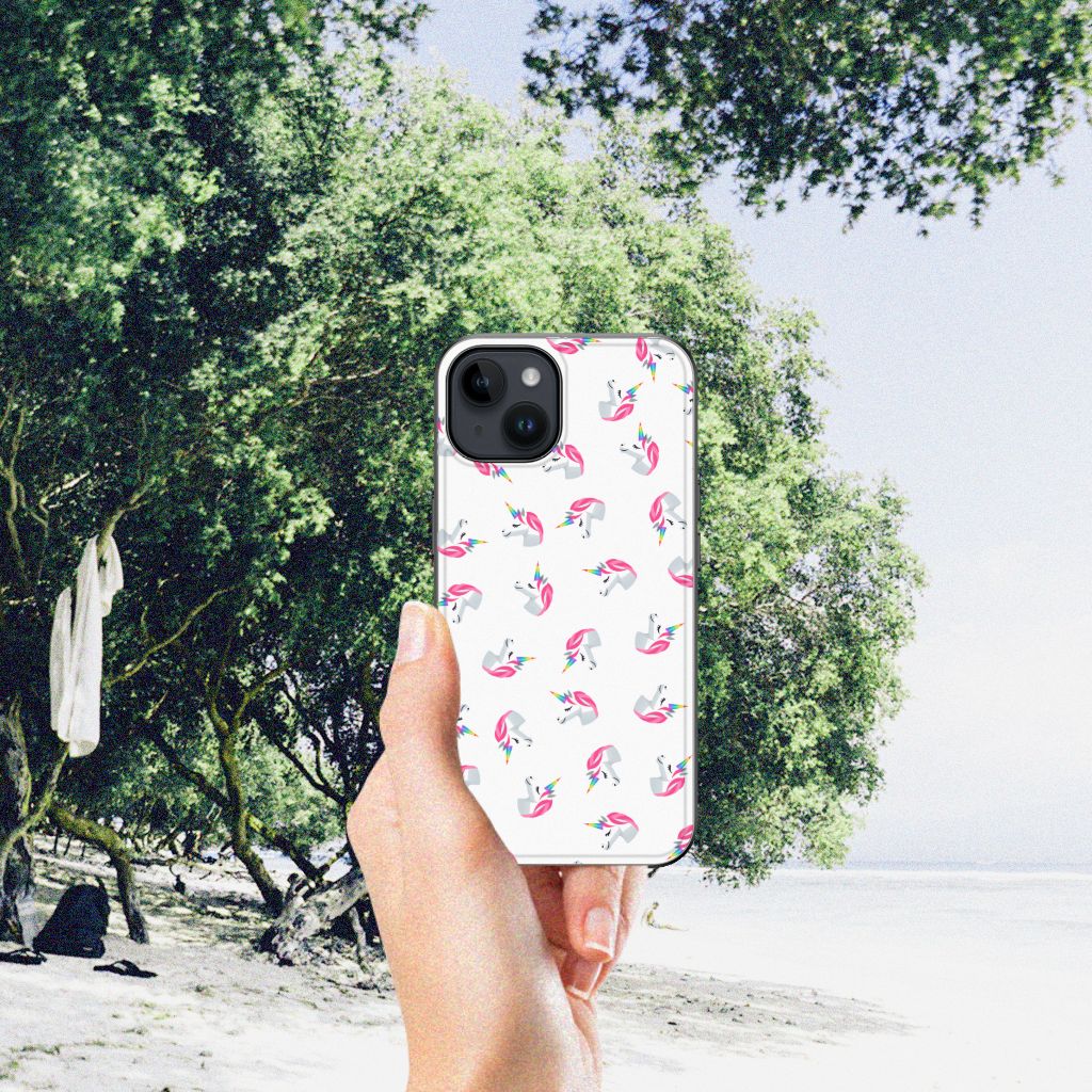 Back Case voor iPhone 15 Unicorns kleurrijk ontwerp zijaanzicht