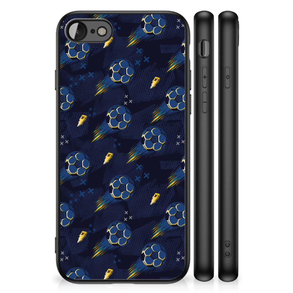 Back Case voor iPhone SE 2022 | SE 2020 | 7/8 Voetbal met bal en sterrenpatroon in blauw en geel.