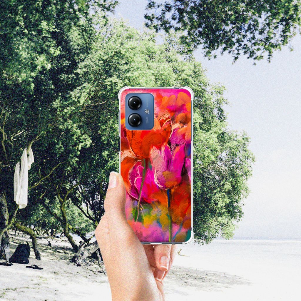 Back Cover Motorola Moto G14 Tulips hand smartphone beach bloemen